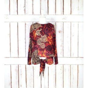 Vintage sheer rust brown black tan tribal floral print pullover blouse